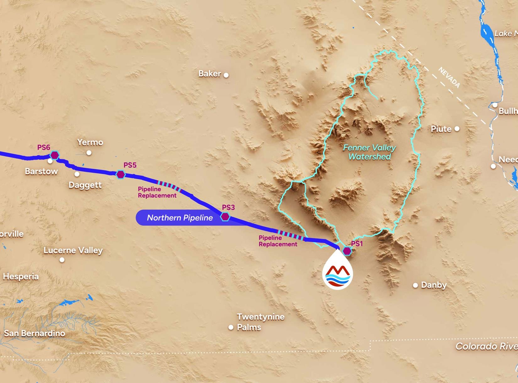 Northern Pipeline route across the Mojave, showing the Fenner Valley watershed, pump stations, and pipeline replacement sections