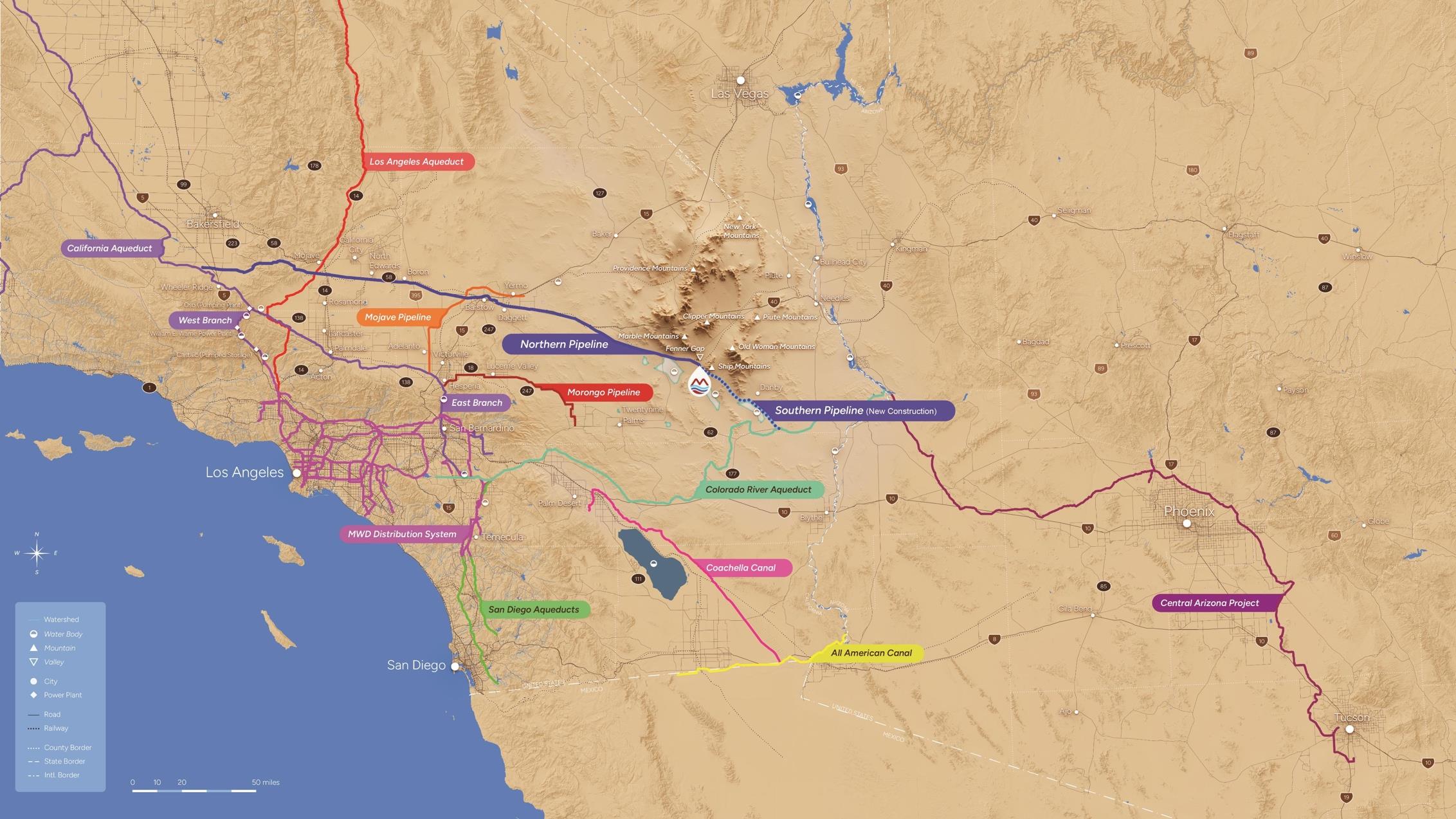 Regional water infrastructure map showing the Mojave Groundwater Bank and Northern Pipeline in Southern California